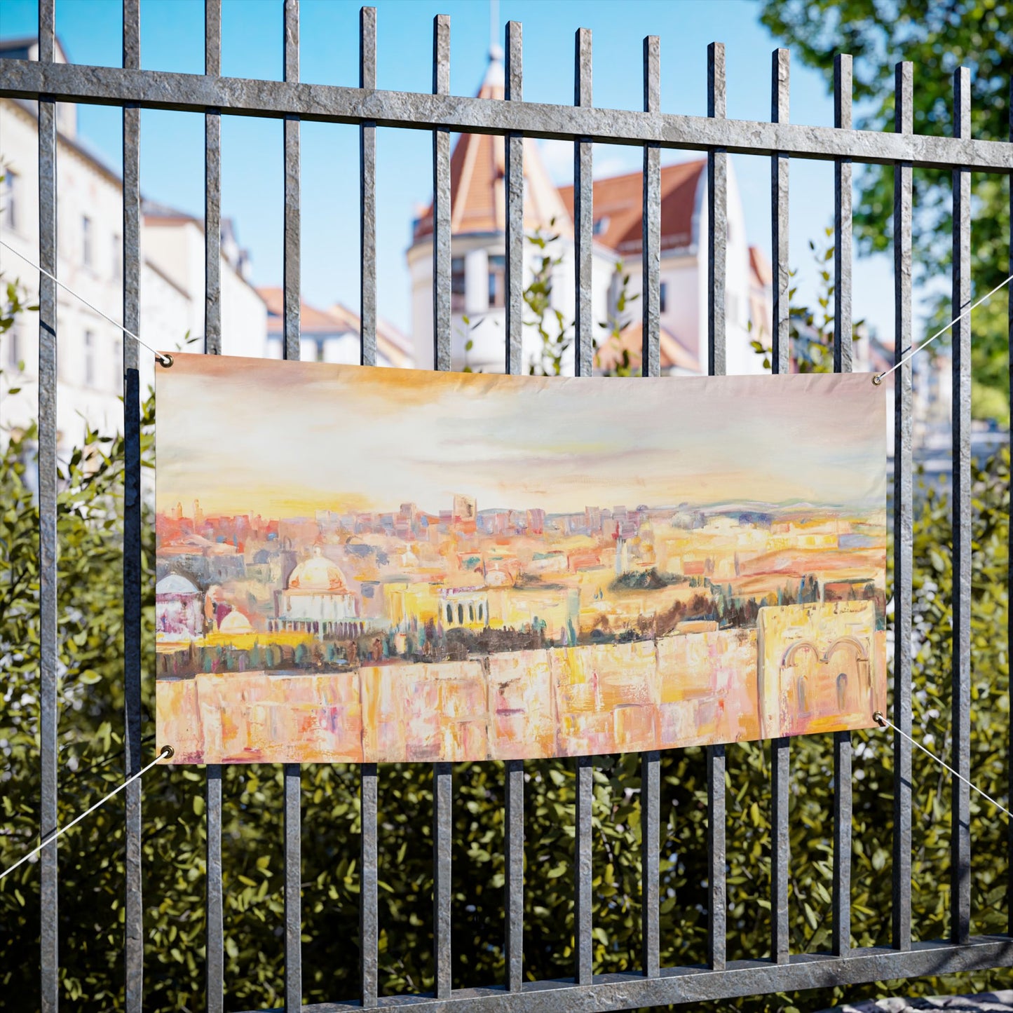 Jerusalem Cityscape in Pastel Hues by Dara Goldschmidt Sukkah Tapestry (waterproof)