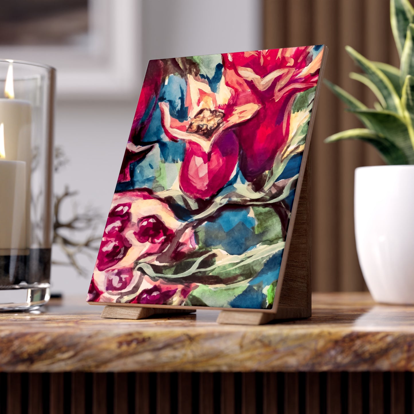 Painted Pomegranates III by Leah Luria Ceramic Tile