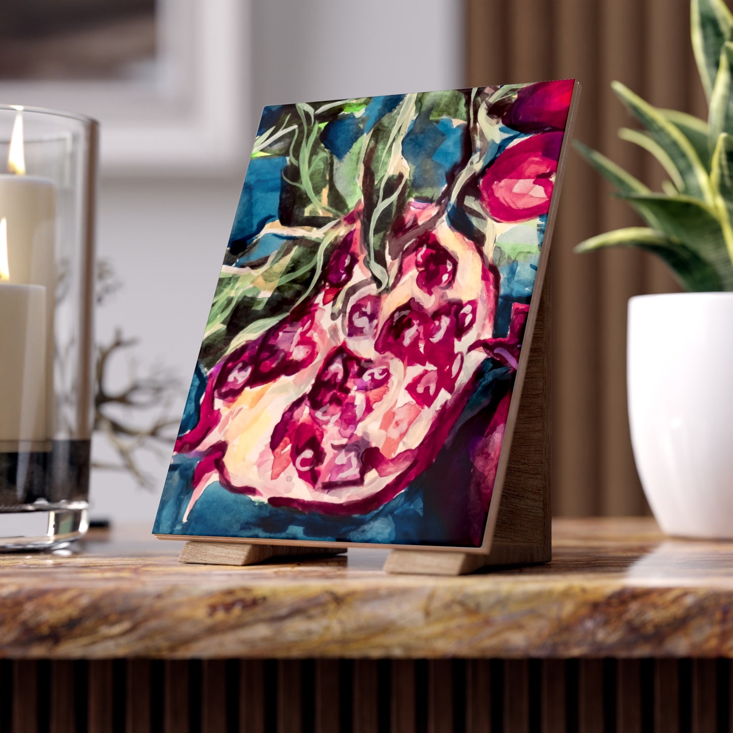 Painted Pomegranates II by Leah Luria Ceramic Tile
