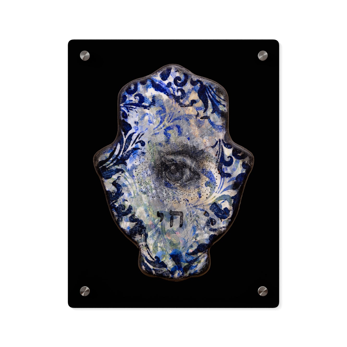 "Hamsa in Distressed Blues" by Esther Cohen Glossy Modern Acrylic Print