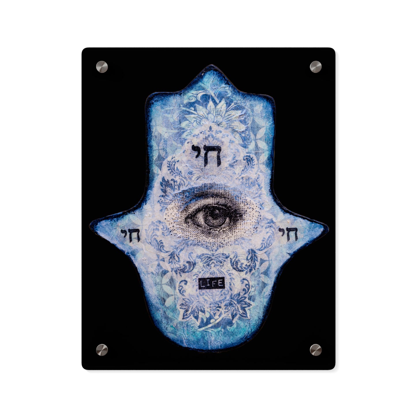 "Blue Chai Hamsa" by Esther Cohen Glossy Acrylic Print