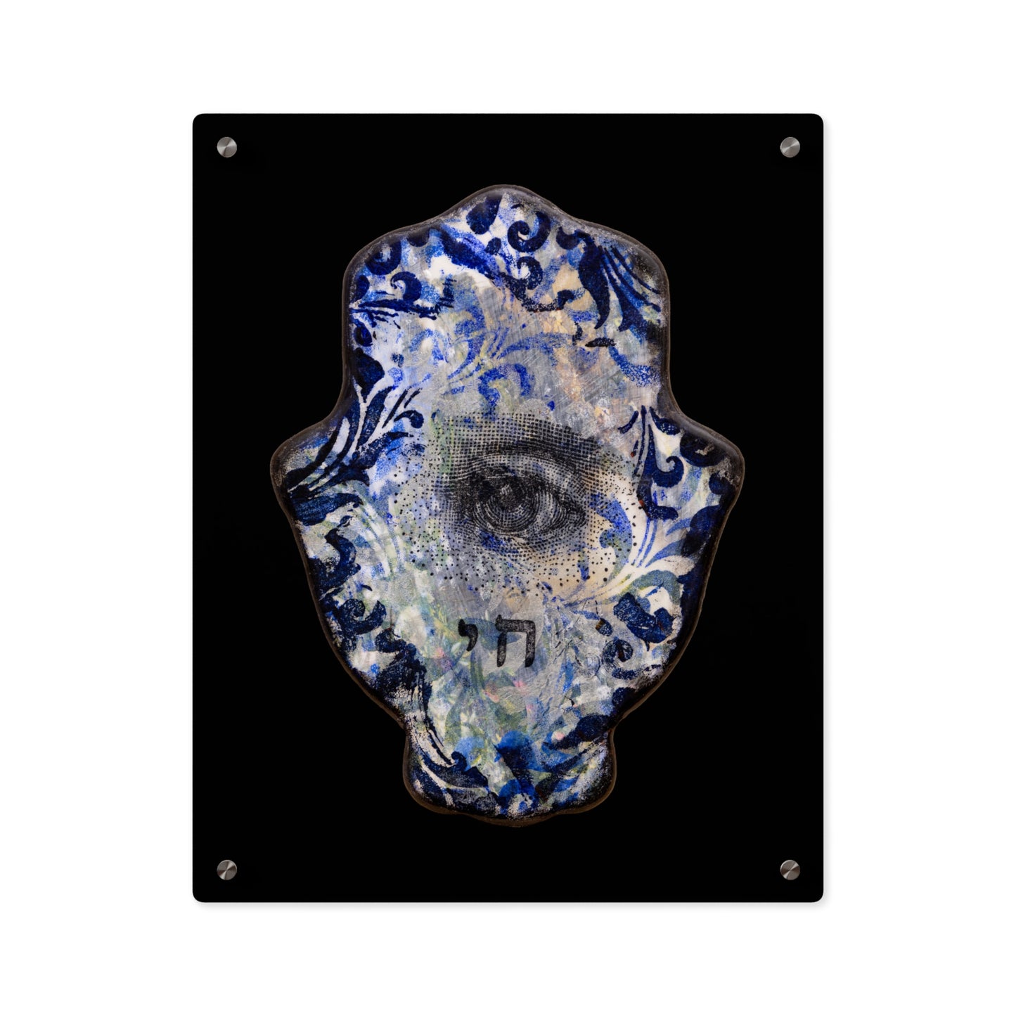 "Hamsa in Distressed Blues" by Esther Cohen Glossy Modern Acrylic Print