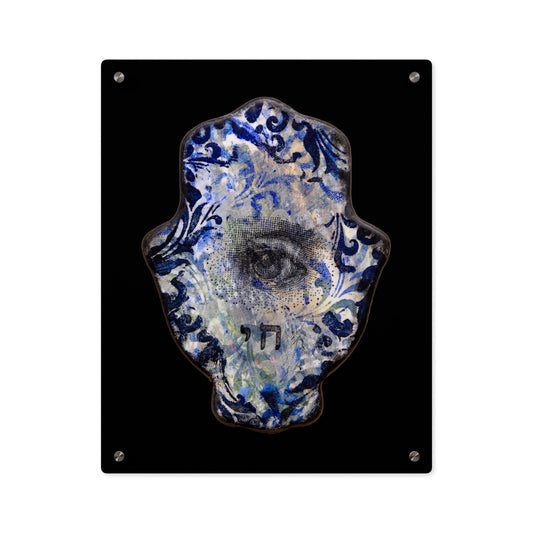 "Hamsa in Distressed Blues" by Esther Cohen Glossy Modern Acrylic Print