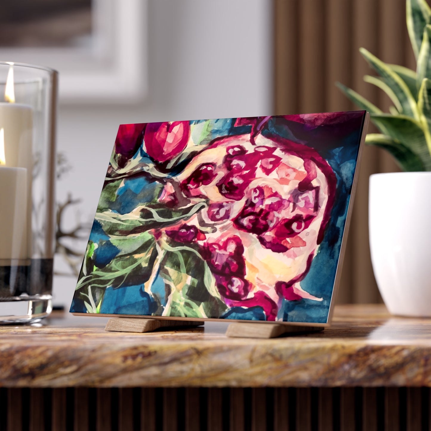Painted Pomegranates II by Leah Luria Ceramic Tile