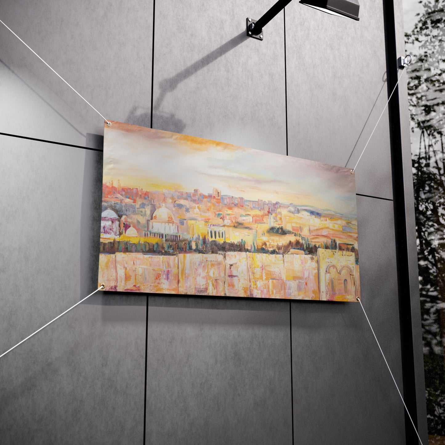 Jerusalem Cityscape in Pastel Hues by Dara Goldschmidt Sukkah Tapestry (waterproof)