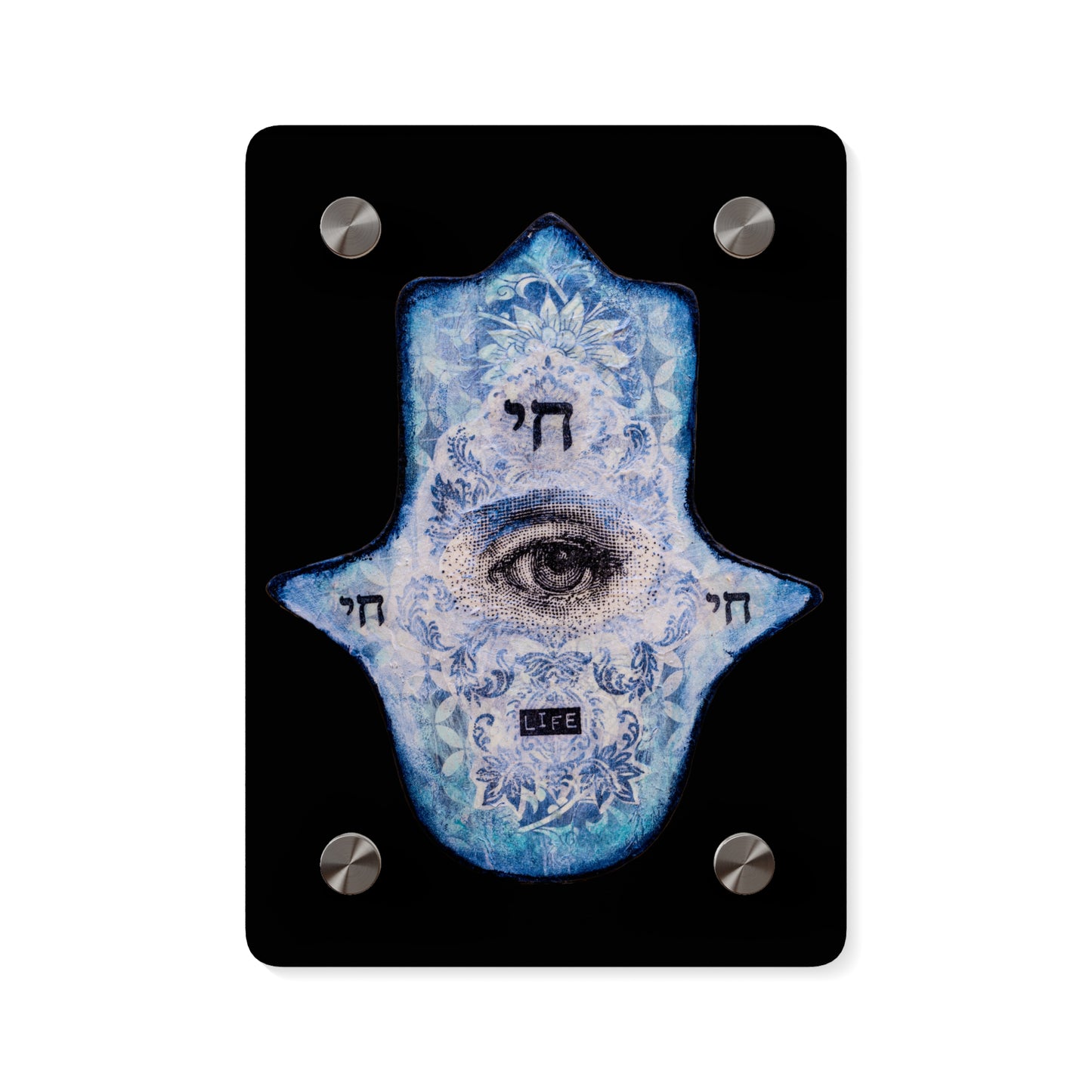 "Blue Chai Hamsa" by Esther Cohen Glossy Acrylic Print