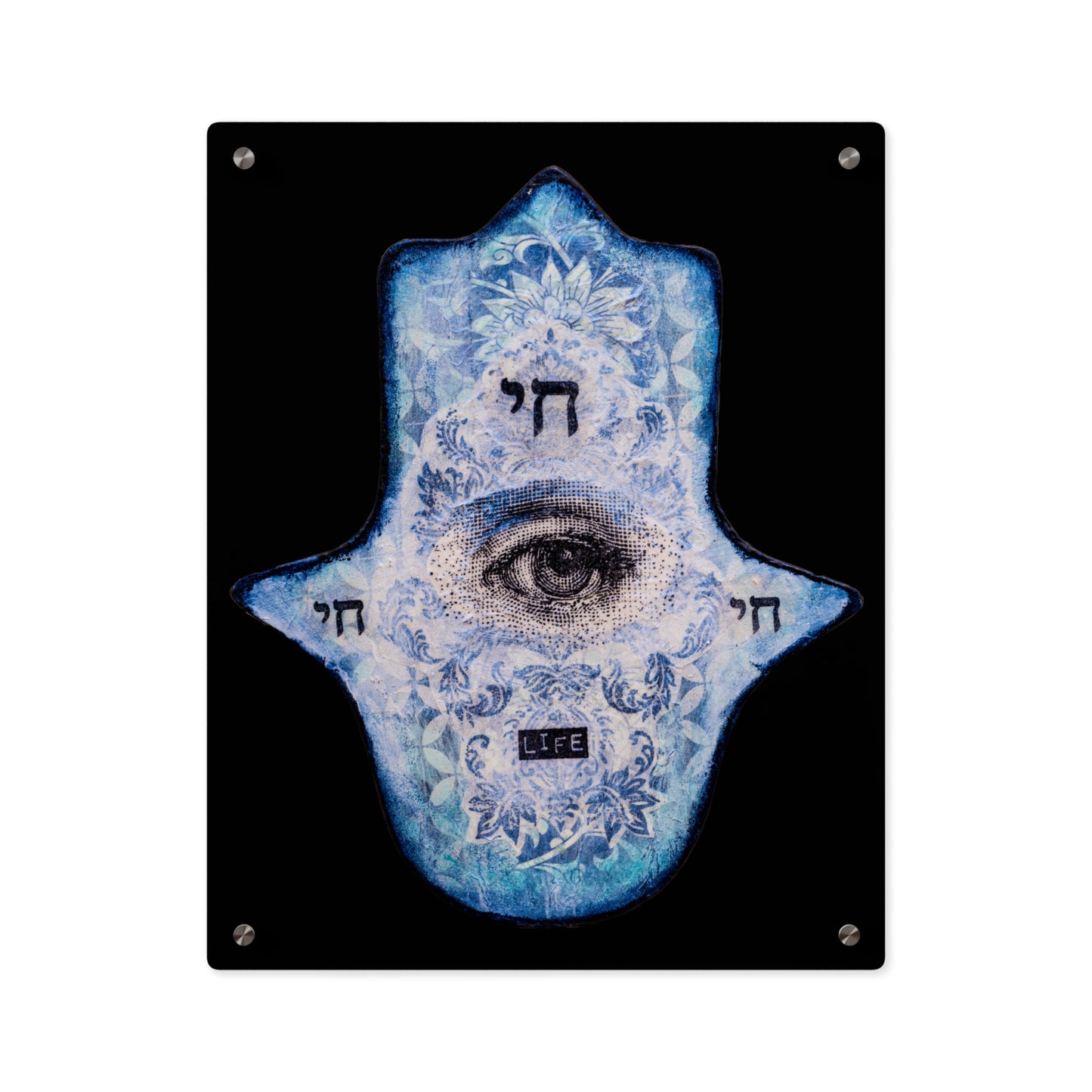 "Blue Chai Hamsa" by Esther Cohen Glossy Acrylic Print