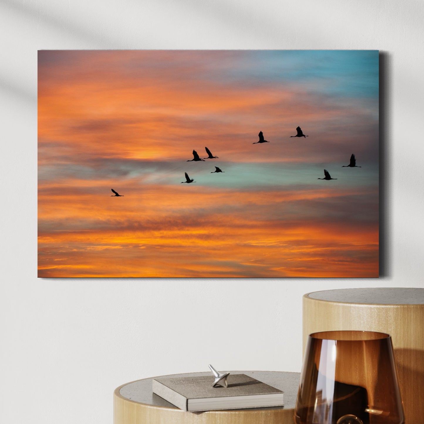 Migrating Cranes at Sunrise by Yehoshua Halevi - Photograph on Glossy Acrylic (French Cleat Hanging)
