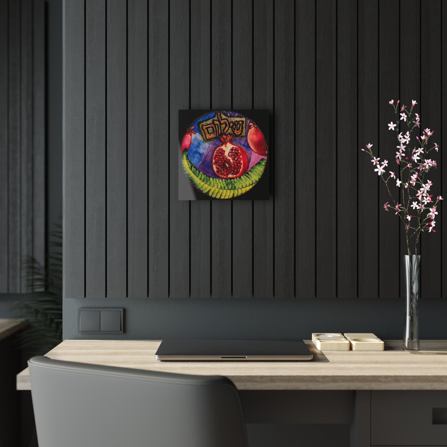 "Pomegranate Shalom" Mixed Media Collage by Esther Cohen Glossy Modern Acrylic Print
