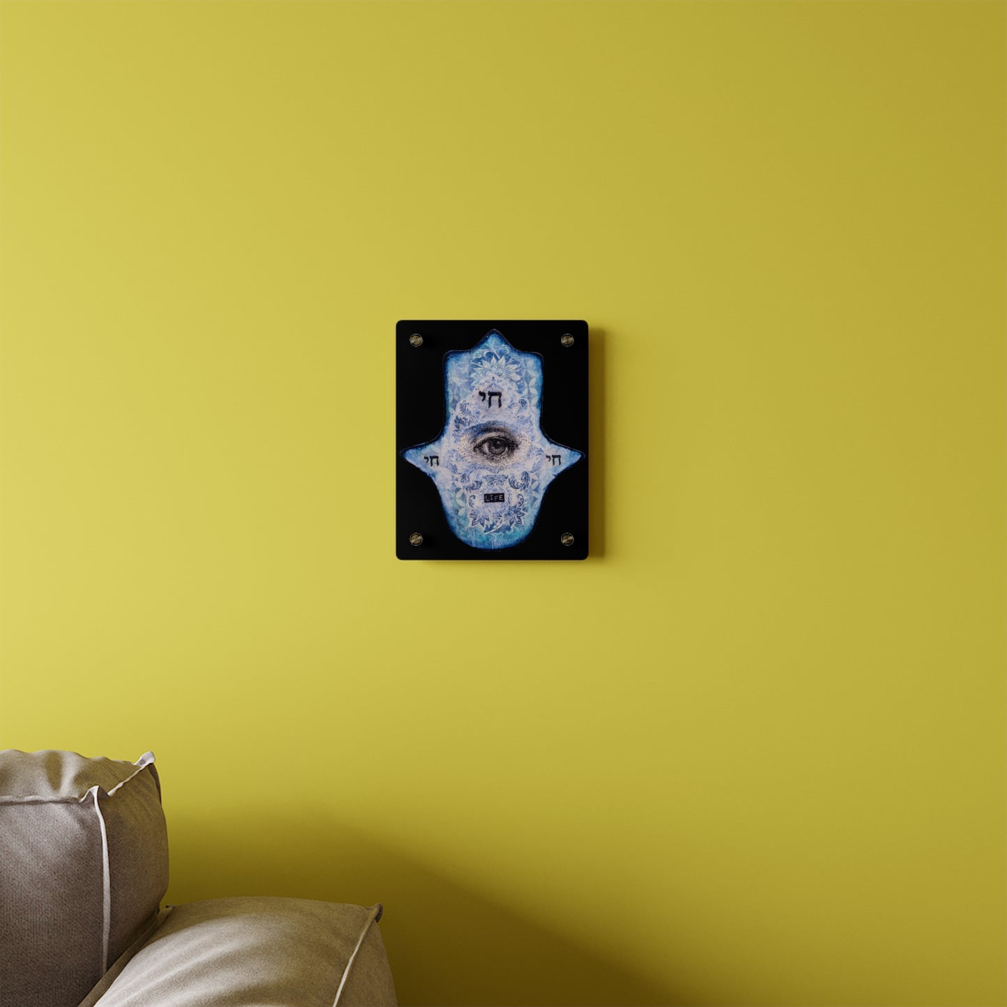 "Blue Chai Hamsa" by Esther Cohen Glossy Acrylic Print