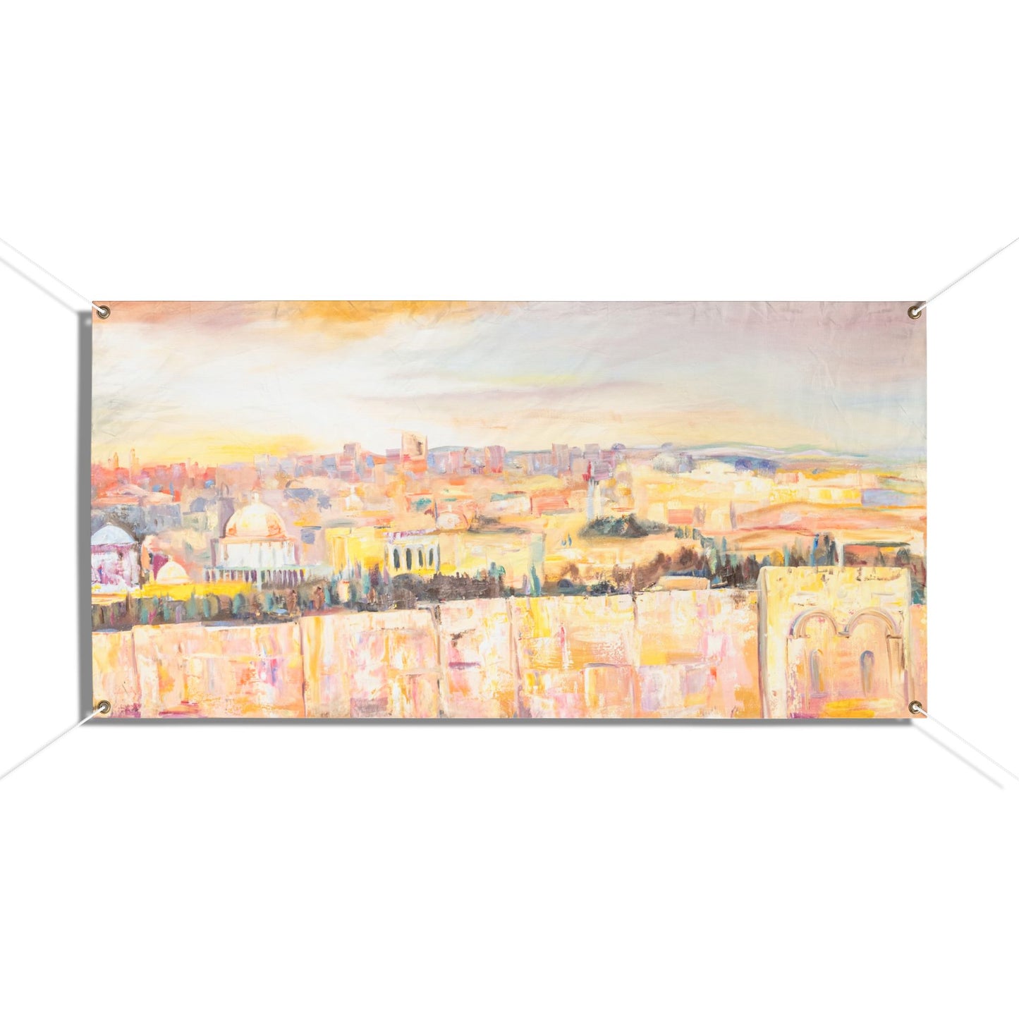 Jerusalem Cityscape in Pastel Hues by Dara Goldschmidt Sukkah Tapestry (waterproof)