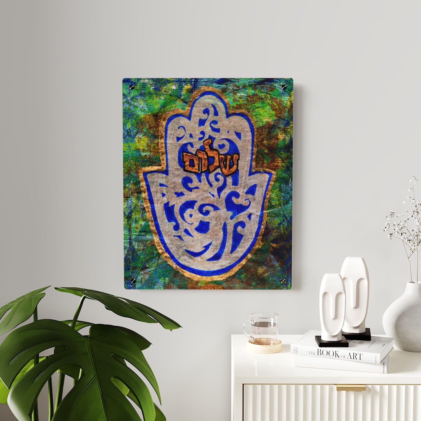 "Hamsa of Peace in Turquoise" Glossy Modern Acrylic Wall Art Print by Esther Cohen