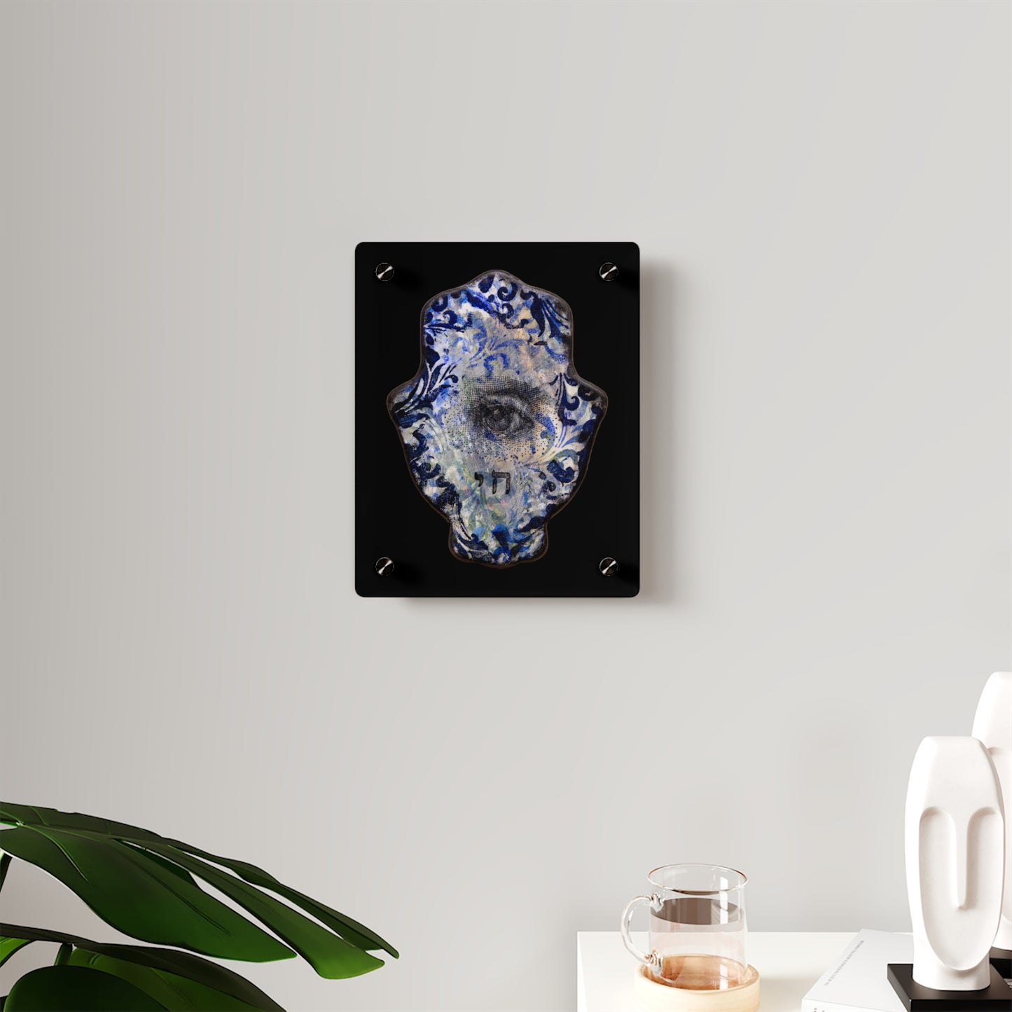 "Hamsa in Distressed Blues" by Esther Cohen Glossy Modern Acrylic Print