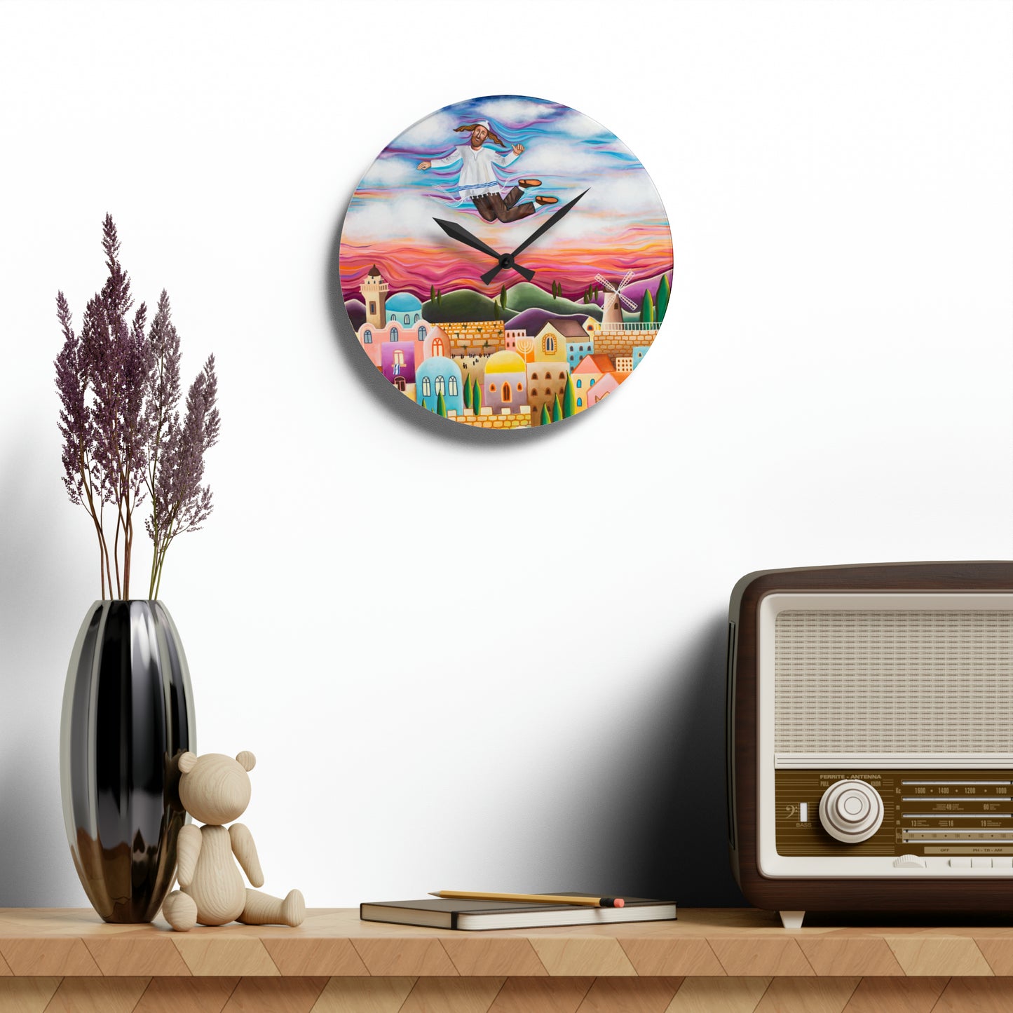 Flying Hassid by Yael Flatauer Acrylic Wall Clock