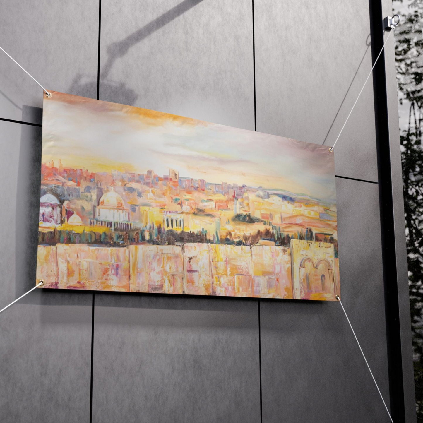 Jerusalem Cityscape in Pastel Hues by Dara Goldschmidt Sukkah Tapestry (waterproof)