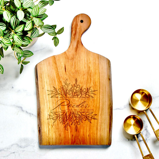 7 Species Olive Branches Personalized Wooden Artisan Serving Board with Handle for Couples Weddings & Anniversary Gift