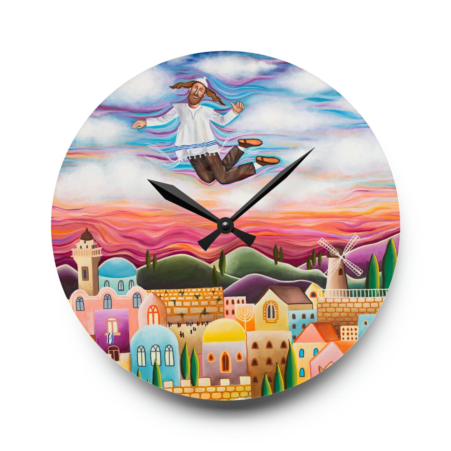 Flying Hassid by Yael Flatauer Acrylic Wall Clock