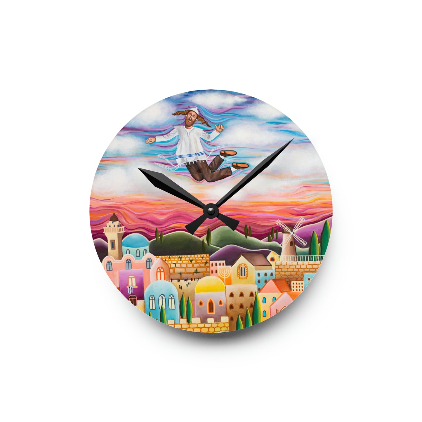 Flying Hassid by Yael Flatauer Acrylic Wall Clock