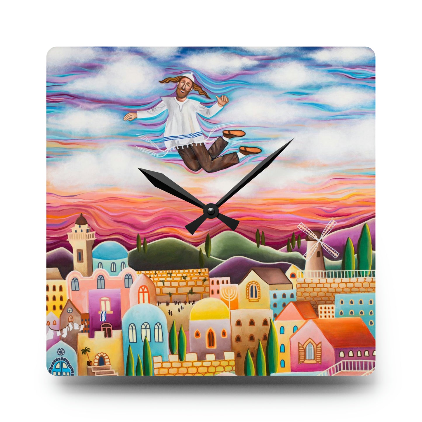 Flying Hassid by Yael Flatauer Acrylic Wall Clock