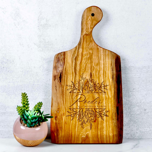 7 Species Olive Branches Personalized Wooden Artisan Serving Board with Handle for Couples Weddings & Anniversary Gift