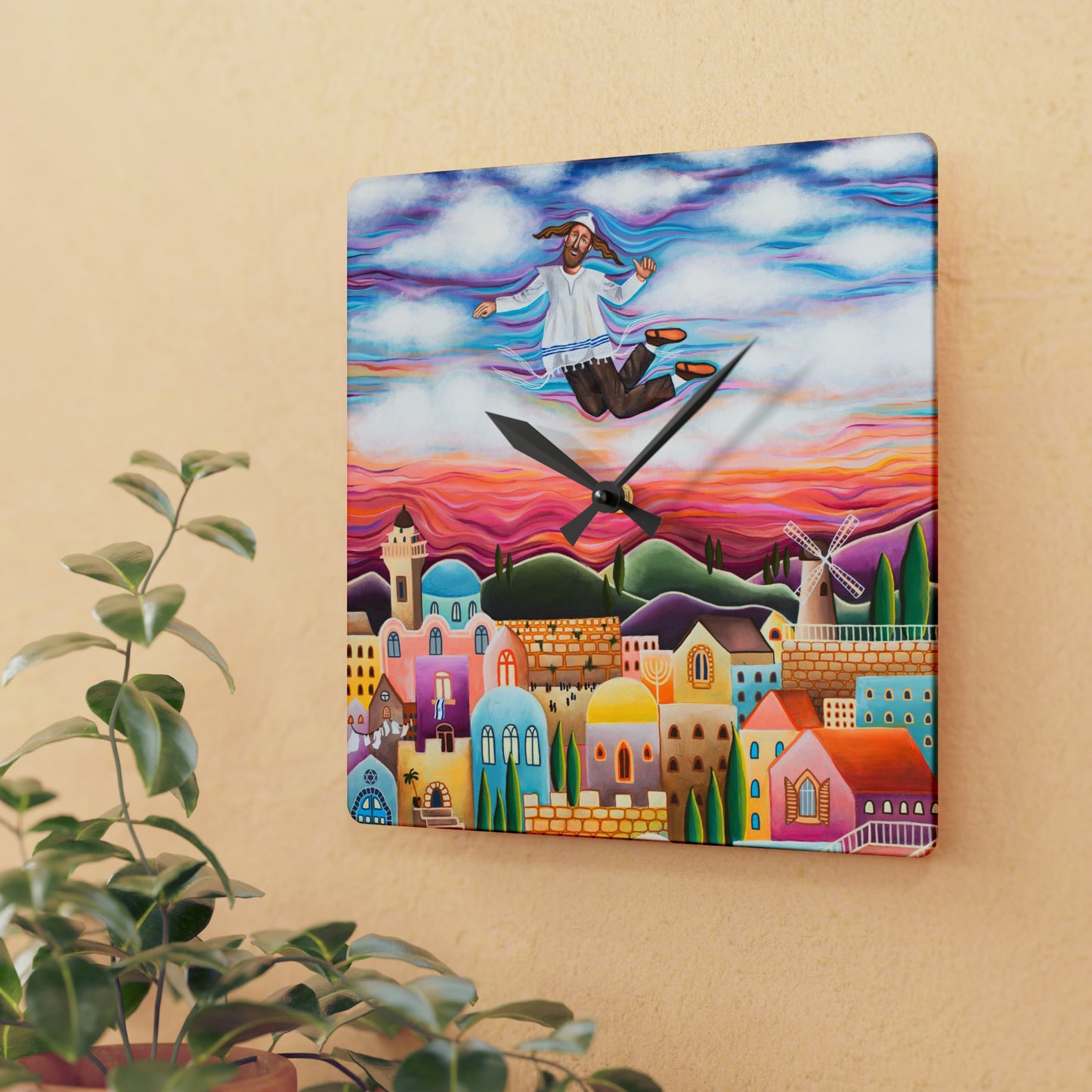Flying Hassid by Yael Flatauer Acrylic Wall Clock