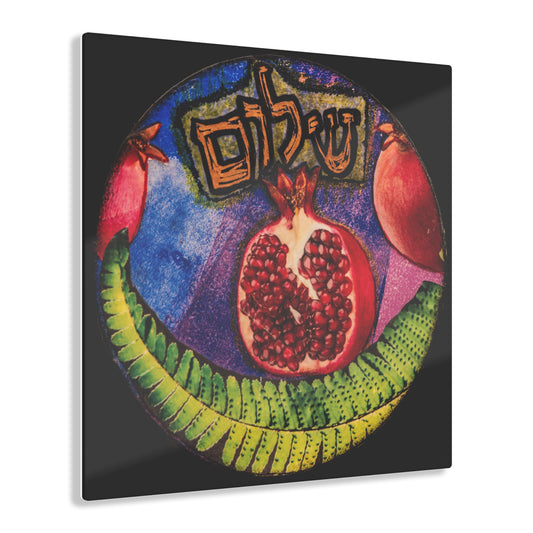 "Pomegranate Shalom" Mixed Media Collage by Esther Cohen Glossy Modern Acrylic Print