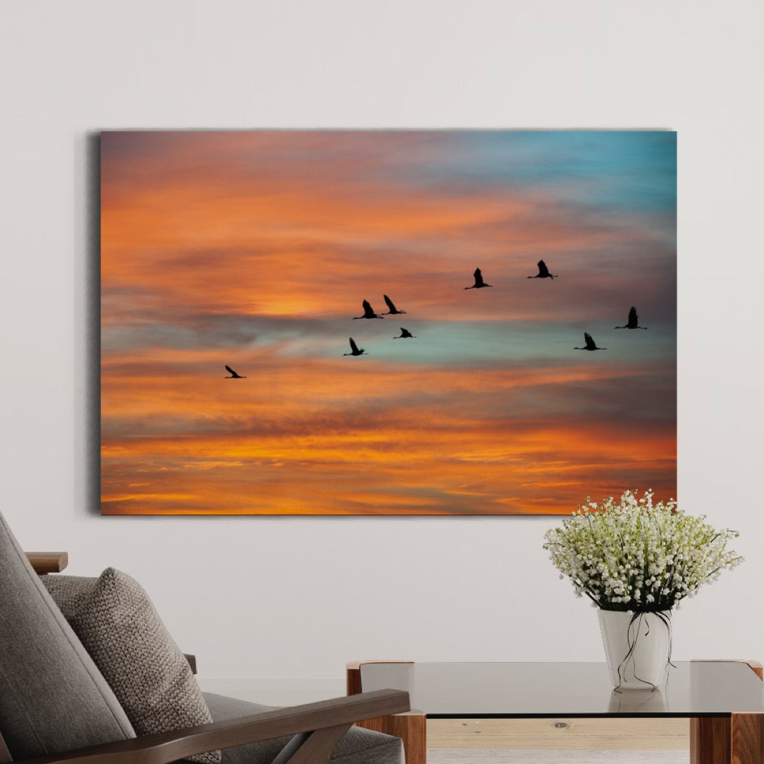 Migrating Cranes at Sunrise by Yehoshua Halevi - Photograph on Glossy Acrylic (French Cleat Hanging)