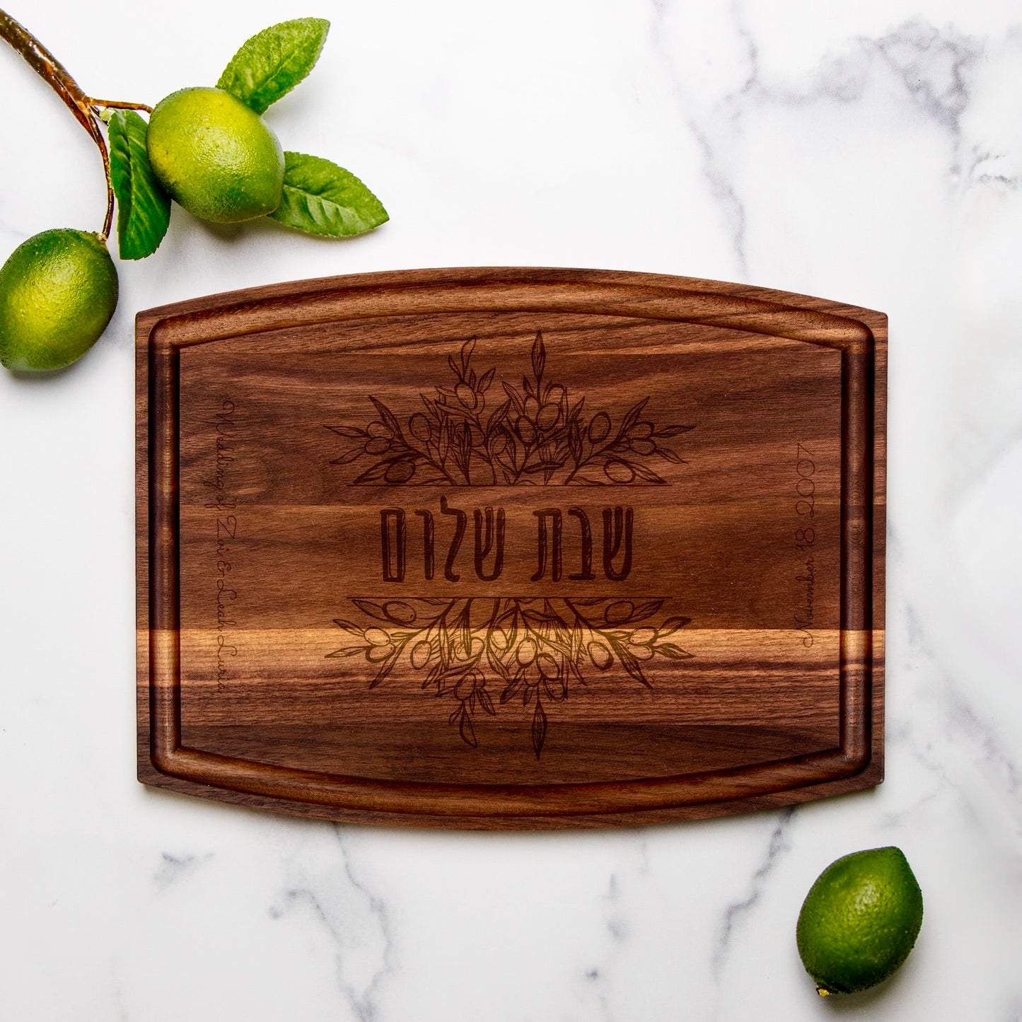 Olive Branches Personalized Challah BoardnArched Wood Cutting Board with Groove - 12" x 9"